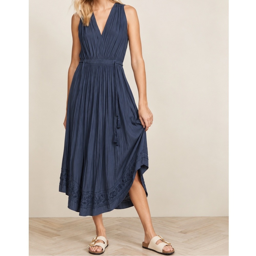 Ramy Brook Navy Embroidered Hayley Midi Dress Round Hem Tassel Boho Size Small